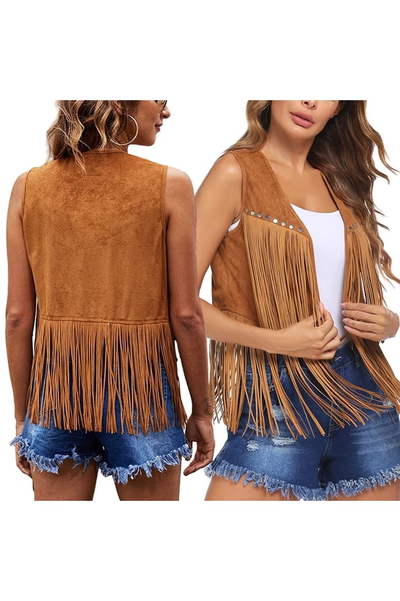 Women's Tassels Sleeveless Vest 70s Hippie Faux Suedes Fringe Jackets Cardigan Summer Hollow Waistcoat Outwear Tops