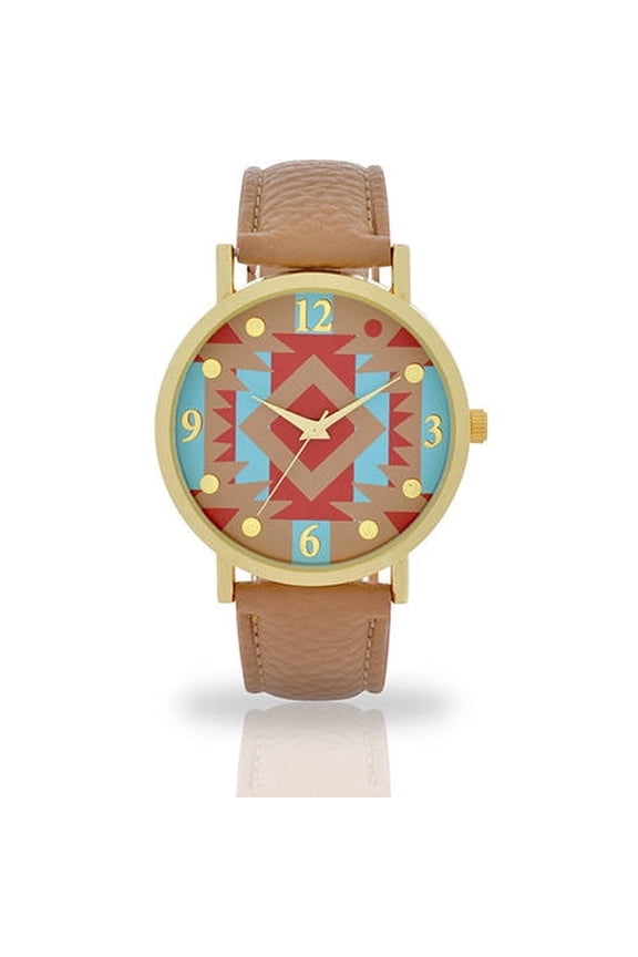 Women's Taupe Aztec Watch, Faux Leather Band