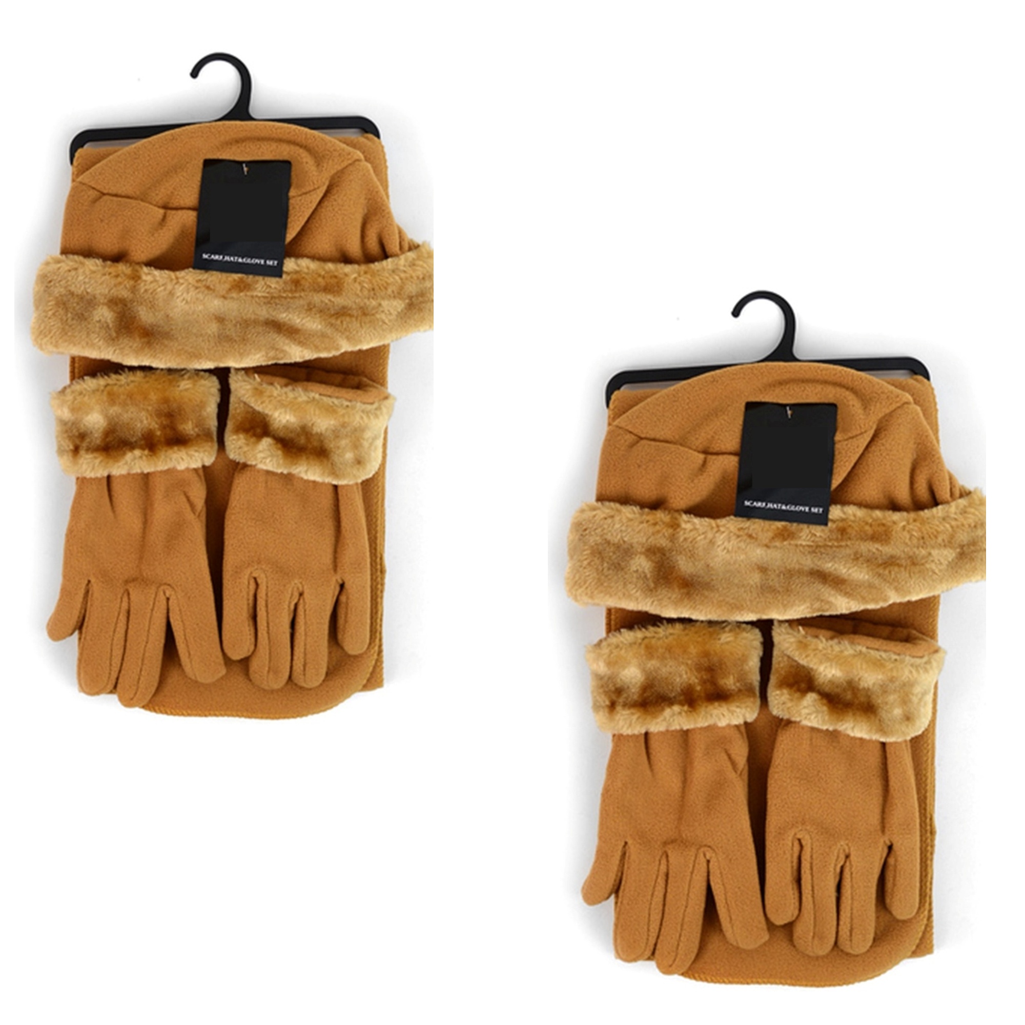 Luxurious Faux Fur Hat, gloves and Scarf Set - Tan Warm Hoodie Hat/Scarf/Gloves Set for Women Soft Plush Thick  main image 3