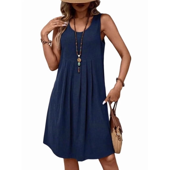Women's Tea Length Round Neck Waist Sundresses Sleeveless Dress for Summer L