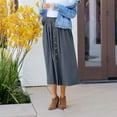 thumbnail image 1 of Women's Tea-Length Skirt Summer Casaul Solid Color Elastic Waist Pleated Circle Skirt with Decorative Buttons, Size S-XL, 1 of 9
