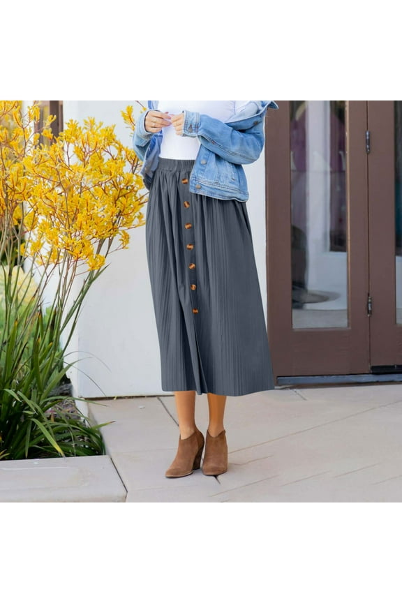 Women's Tea-Length Skirt Summer Casaul Solid Color Elastic Waist Pleated Circle Skirt with Decorative Buttons, Size S-XL