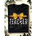 thumbnail image 1 of Women's Teacher Life Graphic T-Shirt, 100% Cotton Cow Print Teacher Lettering with Pencil and Yellow Coquette Bow, Crew Neck Short Sleeve Back to School Gift, 1 of 10