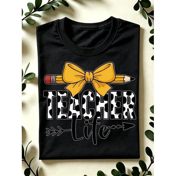 Women's Teacher Life Graphic T-Shirt, 100% Cotton Cow Print Teacher Lettering with Pencil and Yellow Coquette Bow, Crew Neck Short Sleeve Back to School Gift