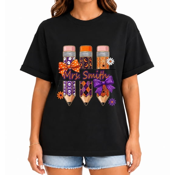 Women's Teacher Pencil Bow Graphic T-Shirt, Colorful Short Sleeve Classroom School Shirt