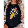 thumbnail image 1 of Women's Teacher T-Shirt - Soft Breathable Black Crew Neck Top With Yellow Pencil Print & Checkered Bow Tie Design - Casual Short Sleeve Shirt For Teachers, 1 of 6