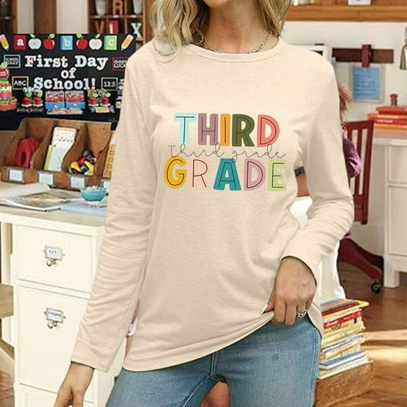 Women's Teacher's Shirt: First Day Of School Shirt Teacher's Back To School Graphic Round Neck Long Sleeve T Shirt Womens Summer Tops Neck Tops for Women Athletic Tops for Women Short Sleeve Short