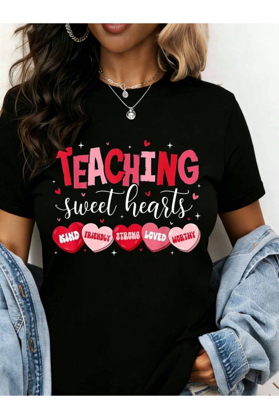Women's Teaching Sweethearts Valentine's Day T-Shirt, Inspirational Teacher Graphic Tee, Short Sleeve Crewneck Top