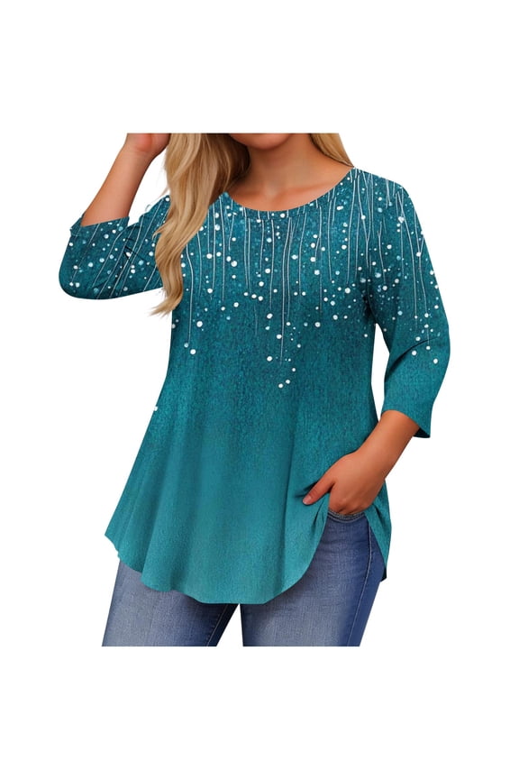 Women‘s Teal Blue Tops Long Sleeve Loose Fit & Comfortable with White Embellished Pattern for Outdoor Garden Style