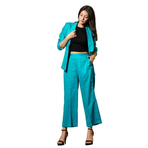 Women's Teal Bluee Blazer and Trousers Set - Tailored Fit for a Bold Look