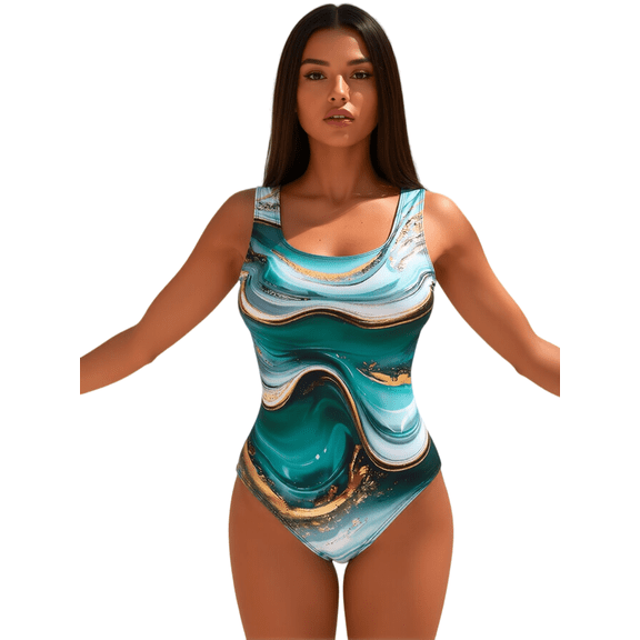 Women's Teal & Gold Marble Swirl Print One-Piece Swimsuit, Modest Scoop-Neck Bodycon Bathing Suit for Beach & Pool