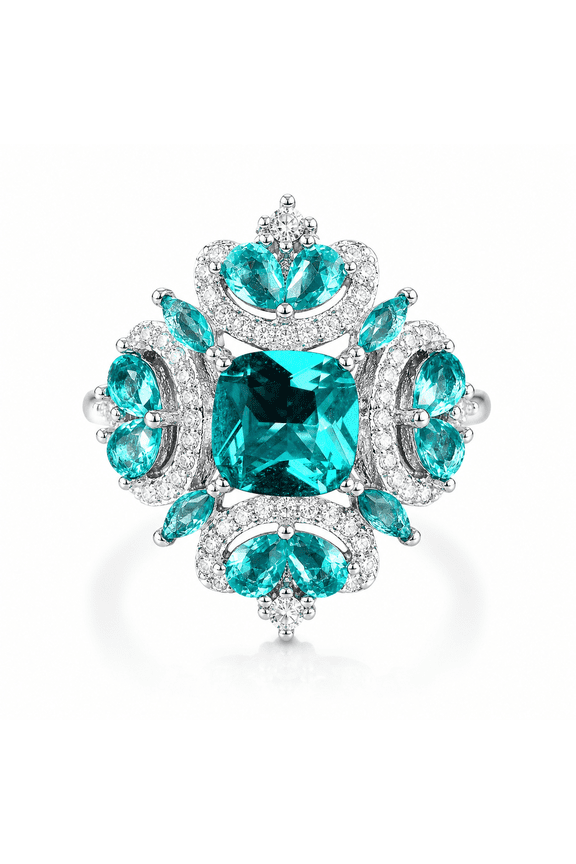 Womens Teal Green Crystal Statement Ring, Paraiba-Inspired Open Adjustable Ring with Gift Box, Silver-Tone Cocktail Jewelry for Party, Wedding, and Evening Out