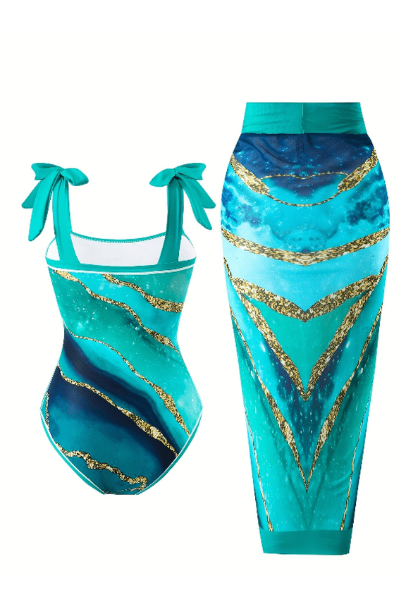 Women's Teal Marble Print One Piece Swimsuit with Matching Sarong – Bow Accent Bathing Suit Set