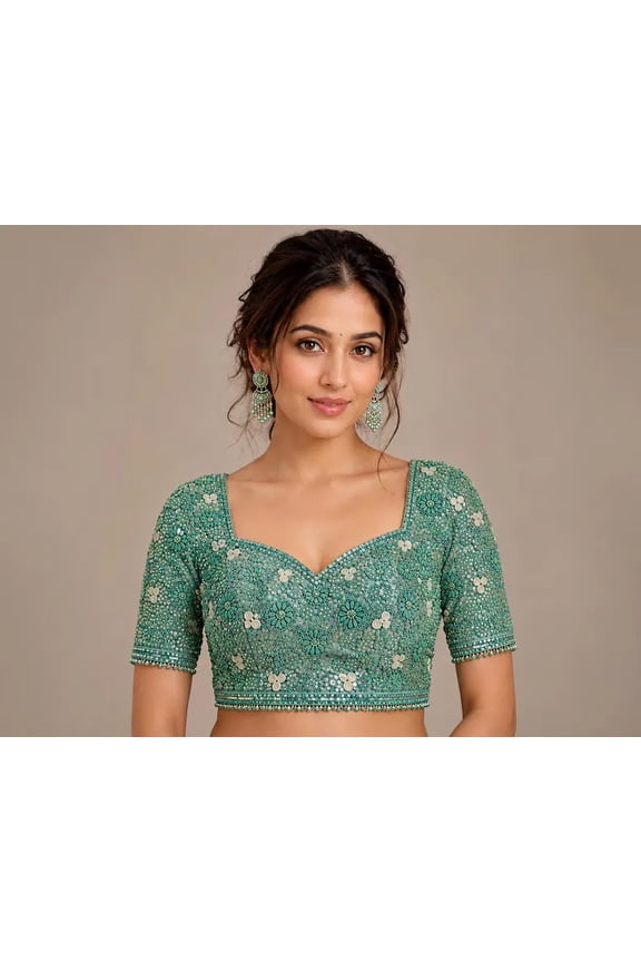 Women's Teal Mirror Work Designer Embroidered Blouse for Wedding Festival Party and Traditional Ethnic Wear