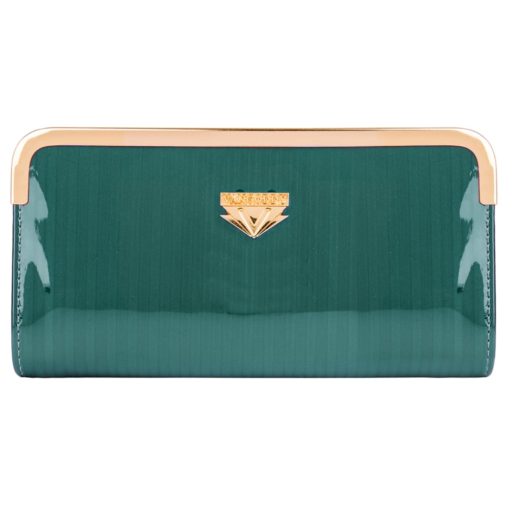 Women's Teal Striped Patent Leather Wallet with Card Holder Organizers and Convertible Golden Chain Wristlet
