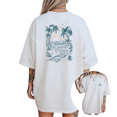 thumbnail image 1 of Women's Teal Tropical Beach Sunset Palm Tree Back Print Graphic Tee Casual Short Sleeve Round Neck Top White S-5XL, 1 of 5