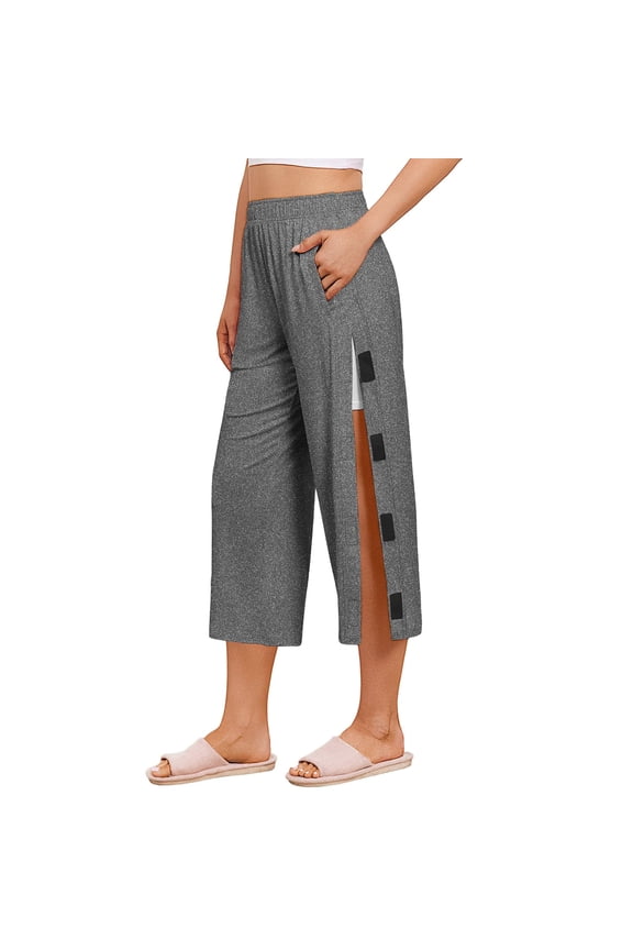 Women's Tear Away Breakaway Capri Pants Post Surgery Recovery Hip Knee Ankle Replacement Adaptive Magic Tape Wide Leg Dark Gray XXL