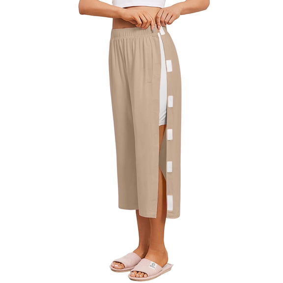 Women's Tear Away Breakaway Cropped Pants Hip Knee Ankle Replacement Adaptive Magic Tape Wide Leg Khaki L