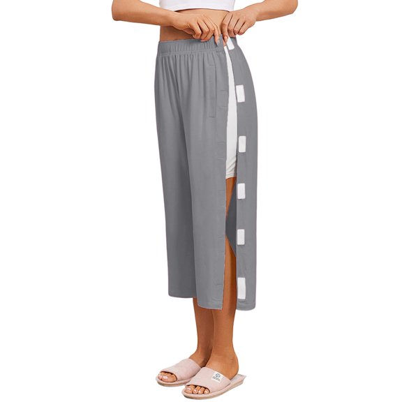 Women's Tear Away Breakaway Cropped Pants Hip Knee Ankle Replacement Adaptive Magic Tape Wide Leg Light Gray S