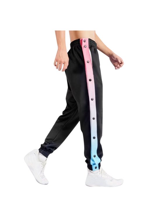Women's Tear Away Pants Side Split Snap Open Bottom Sweatpants Breakaway Basketball Pants Athletic Workout Casual Loose Running Jogger with Pockets (Black L)
