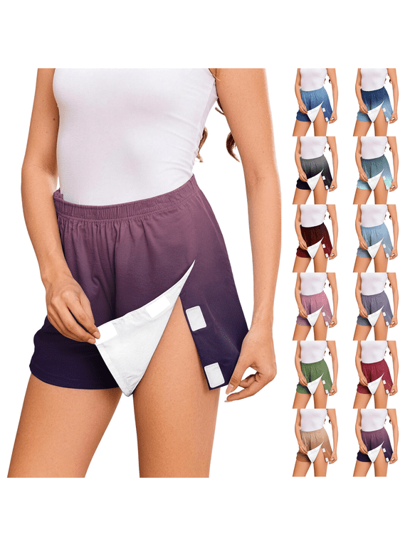 Women's Tear Away Shorts Side Split Open Cotton Leg Breakaway Post Surgery Recovery Bottoms Dark Purple L