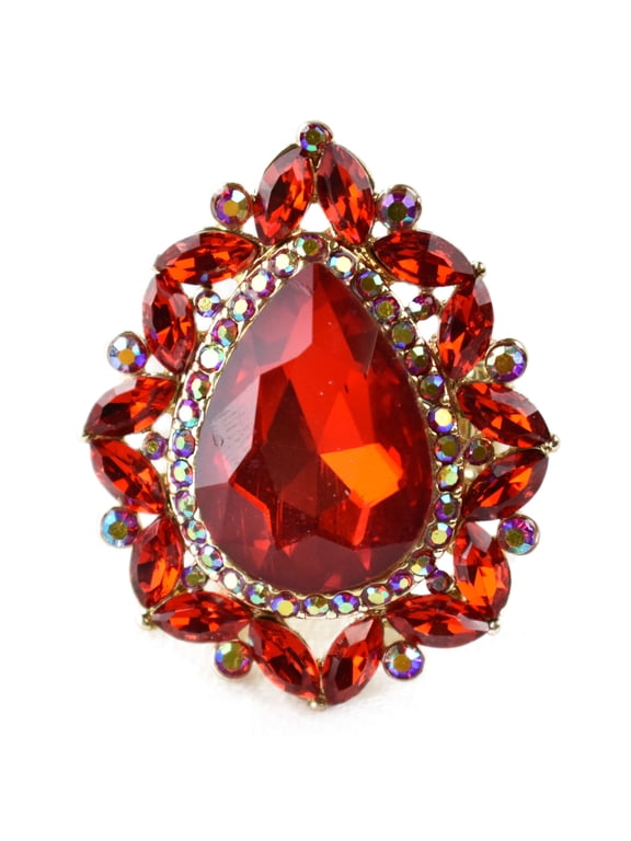 Women's Teardrop Stone Studs Fashion Stretch Ring, Celestial Red/Gold-Tone