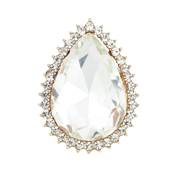Women's Teardrop Stone Studs Fashion Stretch Ring, Clear Encircled Teardrop, Gold-Tone
