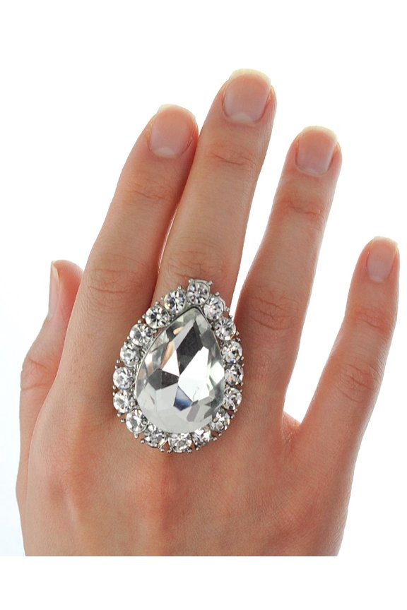 Women's Teardrop Stone Studs Fashion Stretch Ring, Clear/Silver-Tone