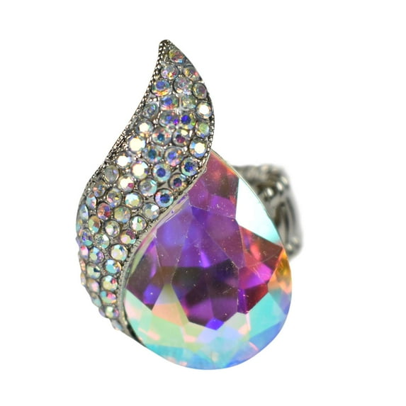 Women's Teardrop Stone Studs Fashion Stretch Ring, Curvy Aurora Borealis/Silver-Tone