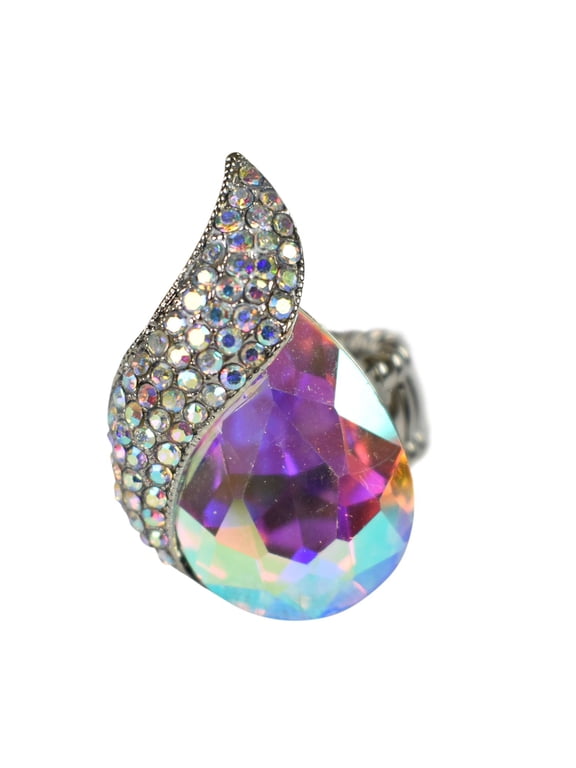 Women's Teardrop Stone Studs Fashion Stretch Ring, Curvy Aurora Borealis/Silver-Tone