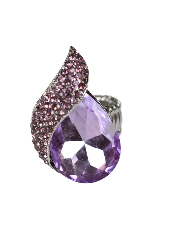 Women's Teardrop Stone Studs Fashion Stretch Ring, Curvy Lavender/Silver-Tone