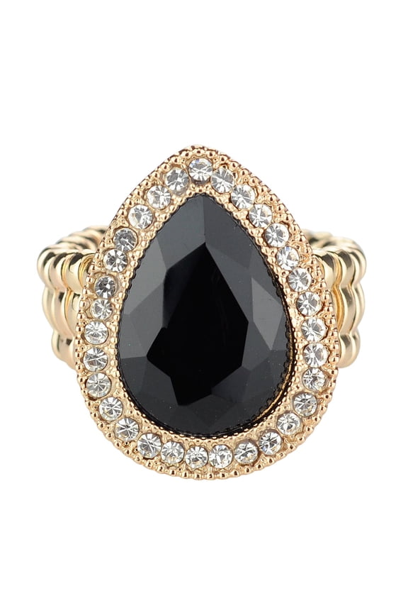 Women's Teardrop Stone Studs Fashion Stretch Ring, Mini Stone, Black/Gold-Tone