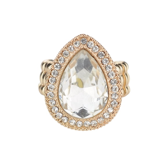 Women's Teardrop Stone Studs Fashion Stretch Ring, Mini Stone, Clear/Gold-Tone