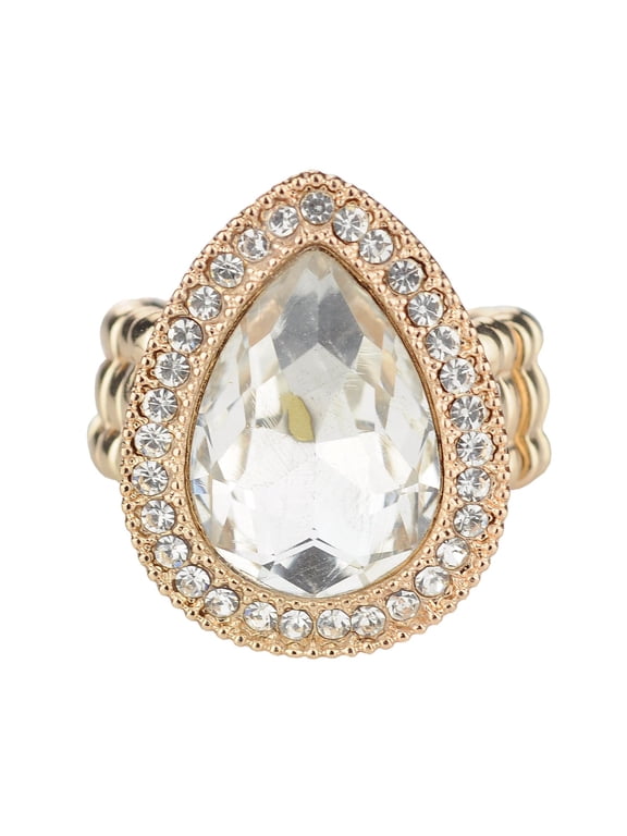 Women's Teardrop Stone Studs Fashion Stretch Ring, Mini Stone, Clear/Gold-Tone