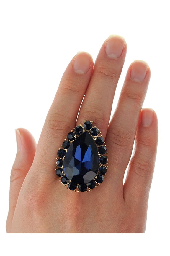 Women's Teardrop Stone Studs Fashion Stretch Ring, Navy/Gold-Tone