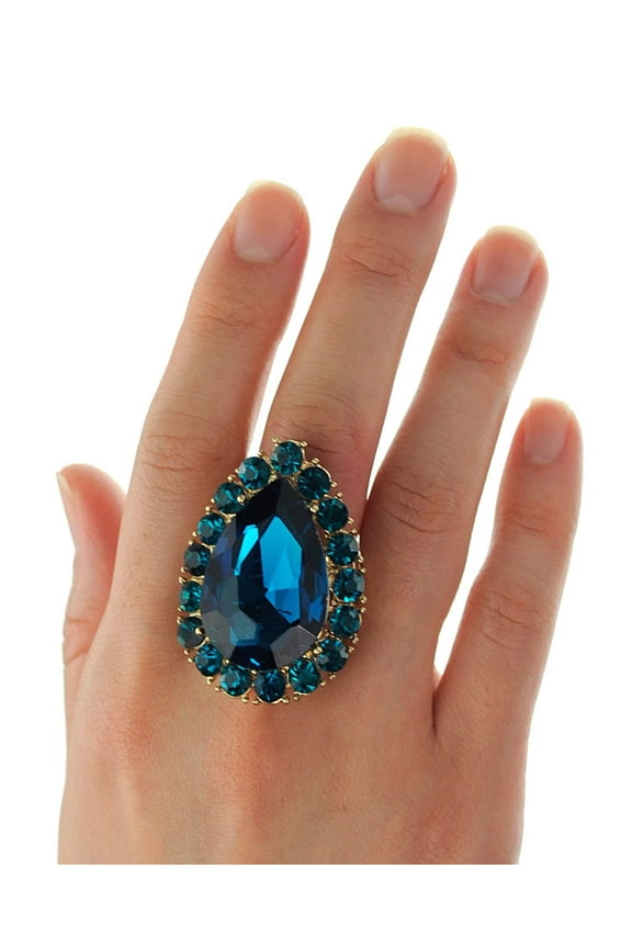 Women's Teardrop Stone Studs Fashion Stretch Ring, Turquoise/Gold-Tone