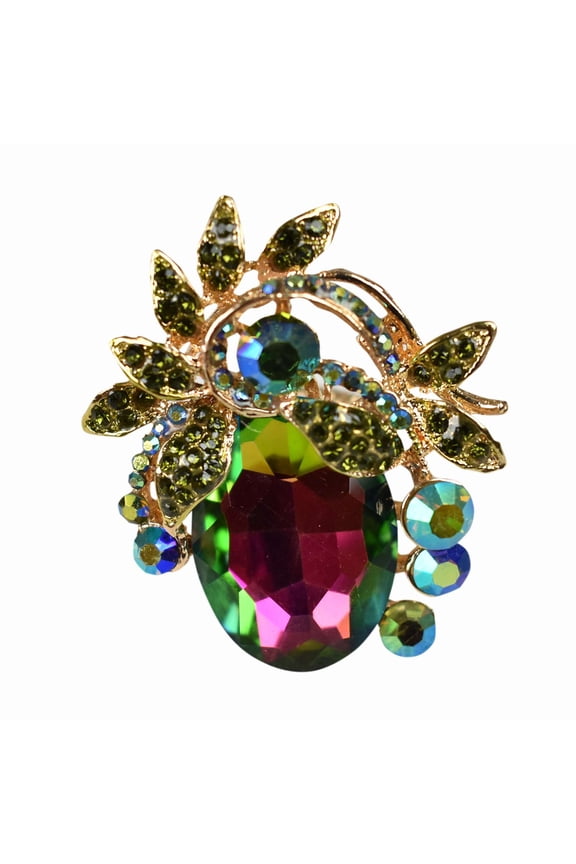 Women's Teardrop Stone Studs Fashion Stretch Ring, Viny Green Tint Aurora Borealis/Gold-Tone