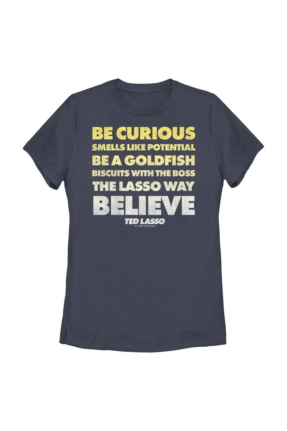 Women's Ted Lasso Be Curious Quote Stack Graphic Tee Navy Blue Small