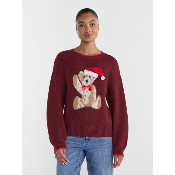 Holiday Time Women's Teddy Bear Appliqué Sweater, Red