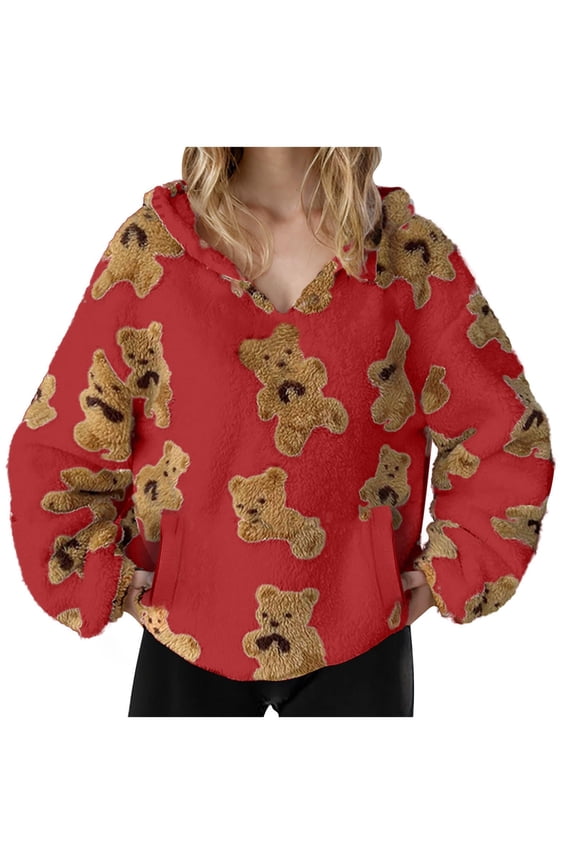 Women's Teddy Bear Coat Printed Double Layer Plush Pullover Fleece Hoodie Casual Loose Pocket Long Sleeve Sweatshirt,Red,XL