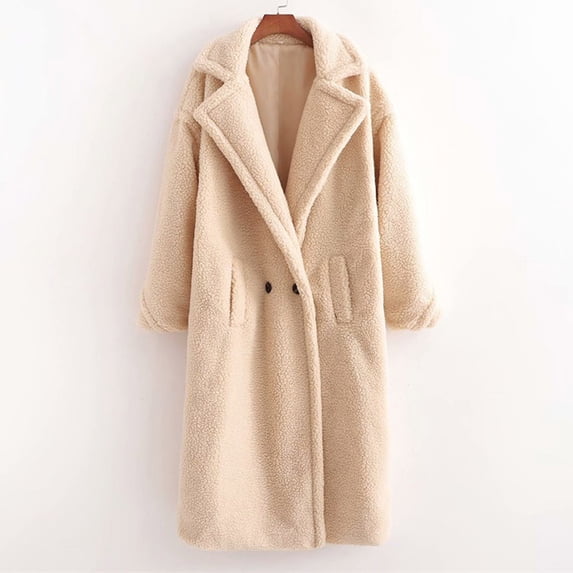 Women's Teddy Bear Fall And Winter Solid Color Loose Cardigan Artificial Thickened Warm Long Coats Plush Collared Open-Front Jacket for Women