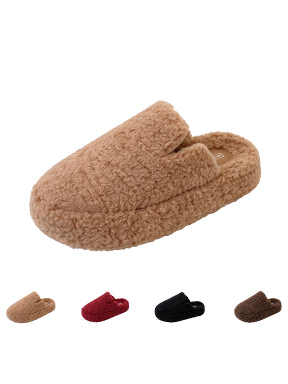 Women’s Teddy Fleece Closed Toe Slippers, Thick Platform Warm Plush House Shoes, Soft Cozy Non-Slip Indoor Winter Slides for Women