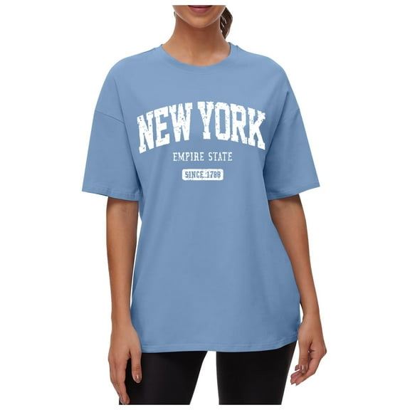 Women's Tee Shirt New York Printed Graphic Tees Drop Shoulder Round Neck T Shirt Tops Loose Summer T-Shirts