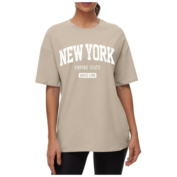 Women's Tee Shirt New York Printed Graphic Tees Drop Shoulder Round Neck T Shirt Tops Loose Summer T-Shirts
