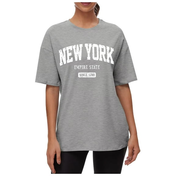 Women's Tee Shirt New York Printed Graphic Tees Drop Shoulder Round Neck T Shirt Tops Loose Summer T-Shirts