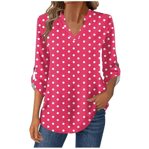 Women's Tee Shirts Long Sleeve V Neck Button down Print Pullover Tops Causal Loose No Hood Tunic Blouse Spring & Fall (S, Hot Pink-A)