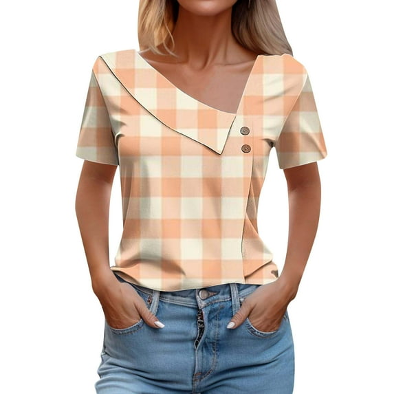 Women's Tee Shirts Plaid Printed Short Sleeve V Neck Button Blouse T-Shirt Sports Dailywear T-Shirt