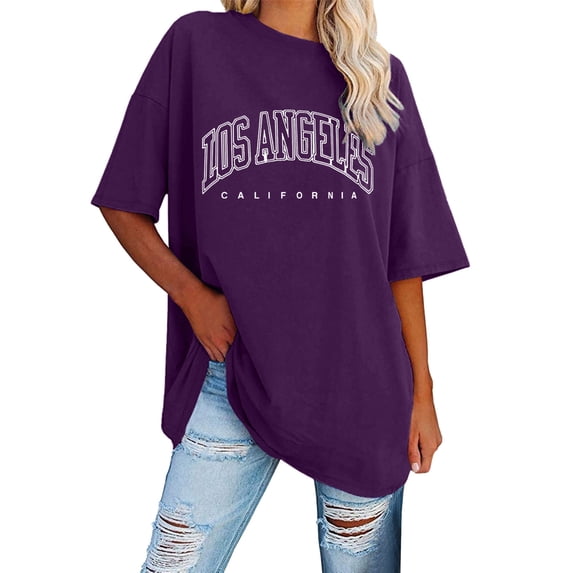 Women's Tee Shirts Round Neck Short Sleeved Los Angeles Letter Printed T Shirt Top Loose Oversized Graphic Tees Sports Dailywear T-Shirt