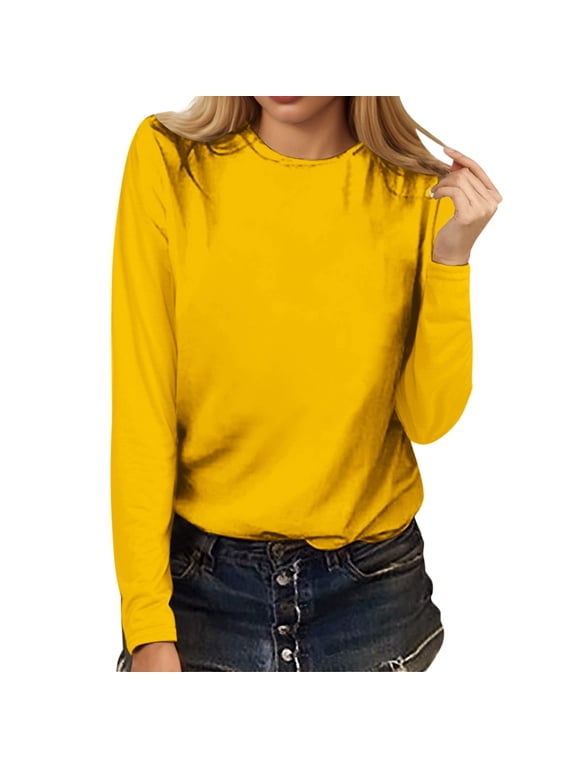 Women's Tee with Long Sleeves Crew Neck Casual Solid Color Shirts 2026 Spring Summer Tops