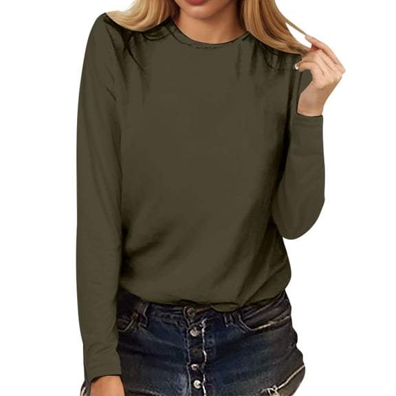 Women's Tee with Long Sleeves Crew Neck Casual Solid Color Shirts 2026 Spring Summer Tops